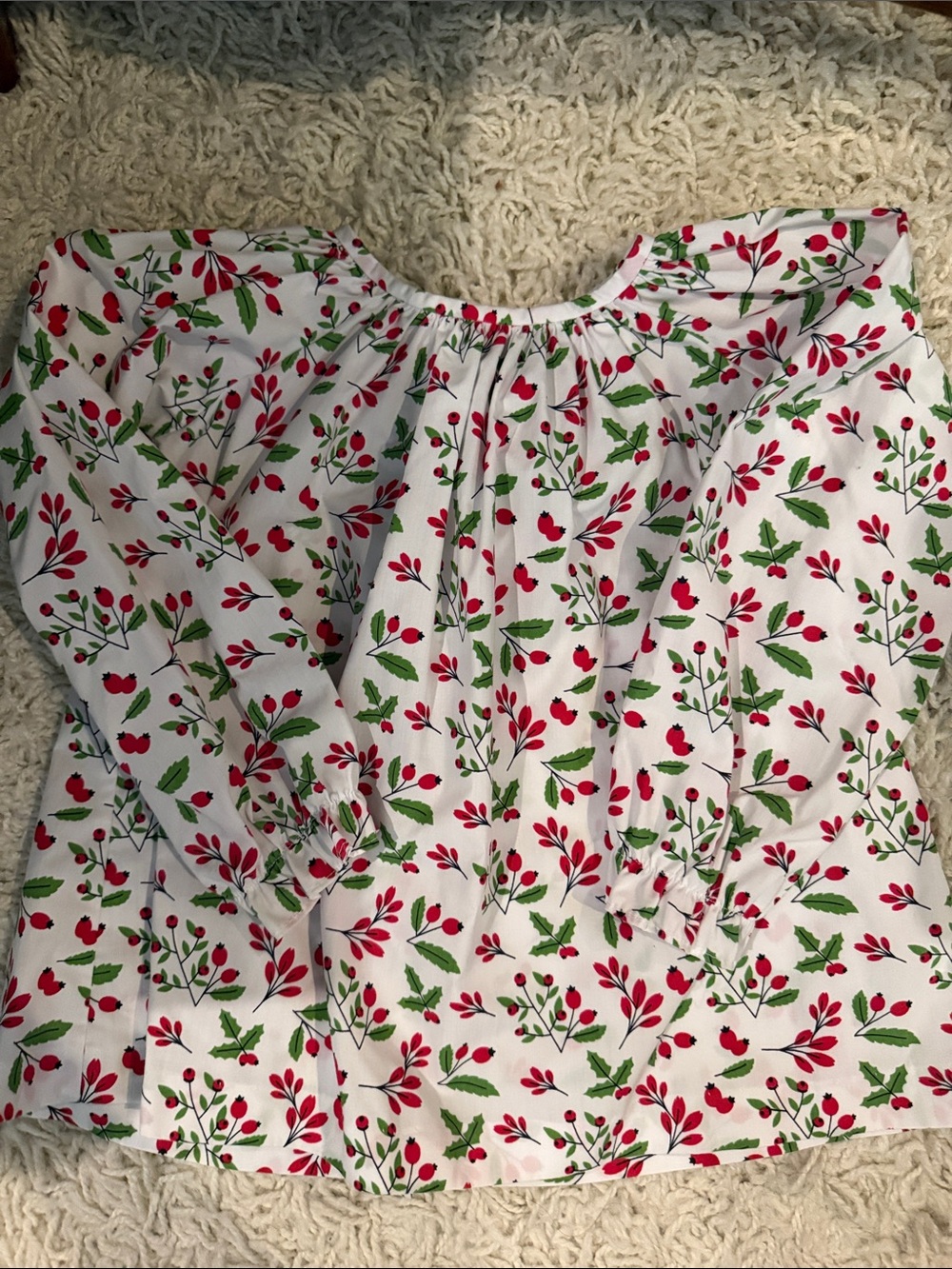 Girls White Blouse with Red and Green Berry Print